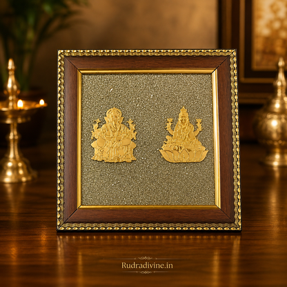 Shri Lakshmi Ganesh Pyrite Stone Wall Frame 7x7 Inch with premium wooden frame and natural raw pyrite for wealth, prosperity, Vastu, positive energy and spiritual décor by Rudradivine.