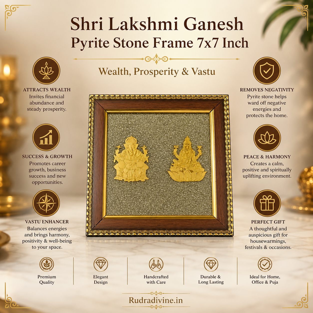 Shri Lakshmi Ganesh Pyrite Stone Wall Frame 7x7 Inch with premium wooden frame and natural raw pyrite for wealth, prosperity, Vastu, positive energy and spiritual décor by Rudradivine.