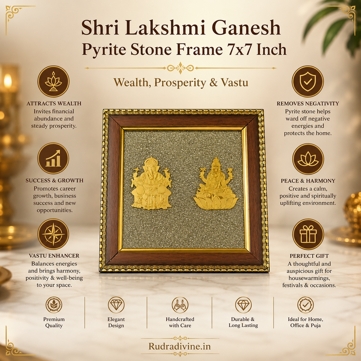 Shri Lakshmi Ganesh Pyrite Stone Wall Frame 7x7 Inch with premium wooden frame and natural raw pyrite for wealth, prosperity, Vastu, positive energy and spiritual décor by Rudradivine.