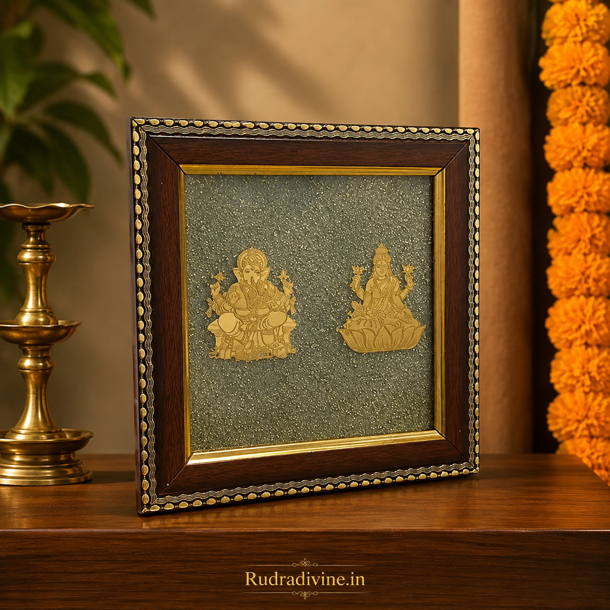 Shri Lakshmi Ganesh Pyrite Stone Wall Frame 7x7 Inch with premium wooden frame and natural raw pyrite for wealth, prosperity, Vastu, positive energy and spiritual décor by Rudradivine.