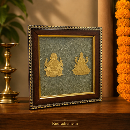 Shri Lakshmi Ganesh Pyrite Stone Wall Frame 7x7 Inch with premium wooden frame and natural raw pyrite for wealth, prosperity, Vastu, positive energy and spiritual décor by Rudradivine.