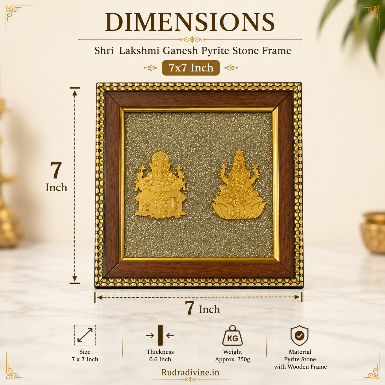 Shri Lakshmi Ganesh Pyrite Stone Wall Frame 7x7 Inch with premium wooden frame and natural raw pyrite for wealth, prosperity, Vastu, positive energy and spiritual décor by Rudradivine.