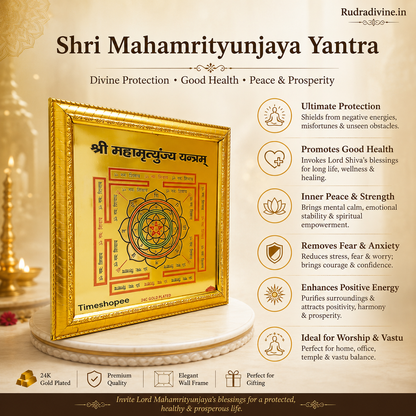 Shri Mahamrityunjaya Yantra Gold Plated Frame with premium wooden frame by Rudradivine for divine protection, spiritual peace, positivity and sacred wall décor.