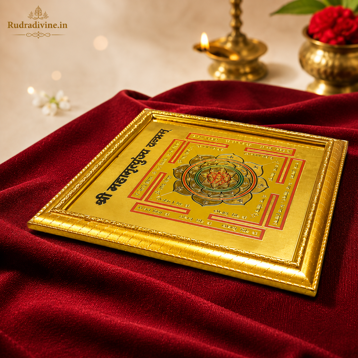 Shri Mahamrityunjaya Yantra Gold Plated Frame with premium wooden frame by Rudradivine for divine protection, spiritual peace, positivity and sacred wall décor.