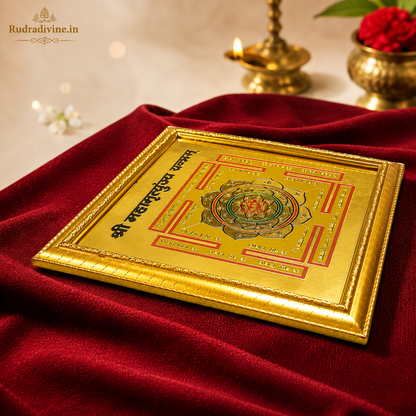 Shri Mahamrityunjaya Yantra Gold Plated Frame with premium wooden frame by Rudradivine for divine protection, spiritual peace, positivity and sacred wall décor.