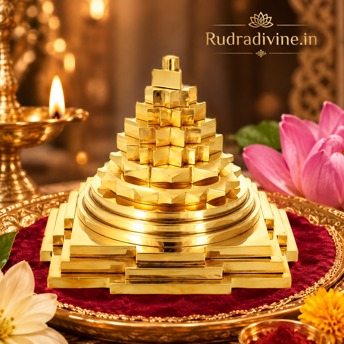 Shri Meru Yantra in Brass by Rudradivine, energized spiritual yantra traditionally associated with wealth, prosperity, abundance, pooja and meditation.
