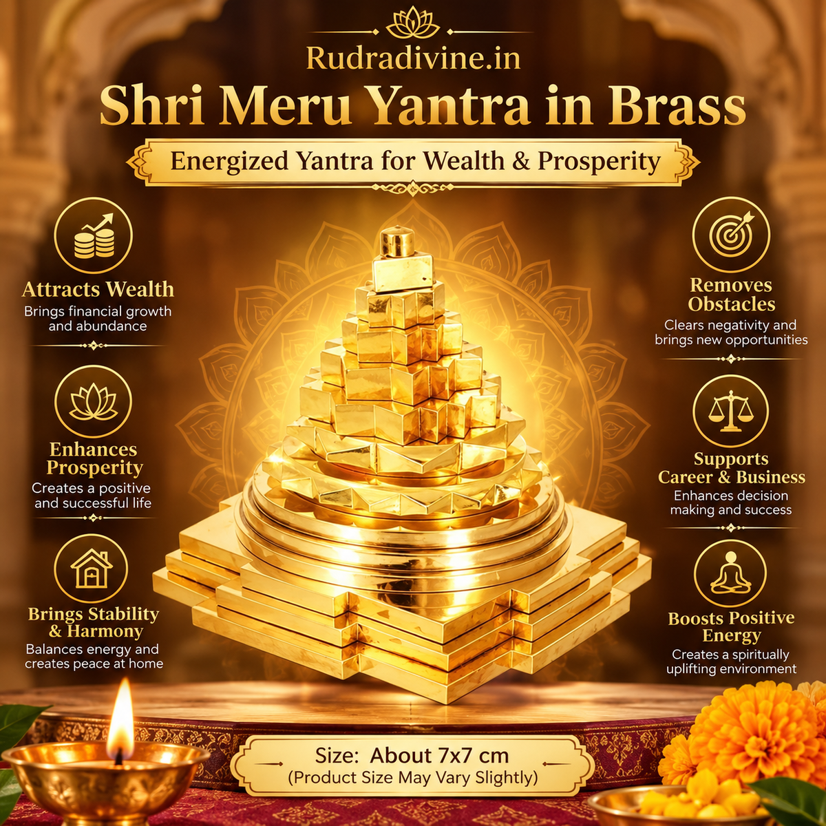 Shri Meru Yantra in Brass by Rudradivine, energized spiritual yantra traditionally associated with wealth, prosperity, abundance, pooja and meditation.