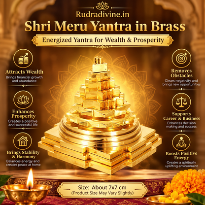 Shri Meru Yantra in Brass by Rudradivine, energized spiritual yantra traditionally associated with wealth, prosperity, abundance, pooja and meditation.