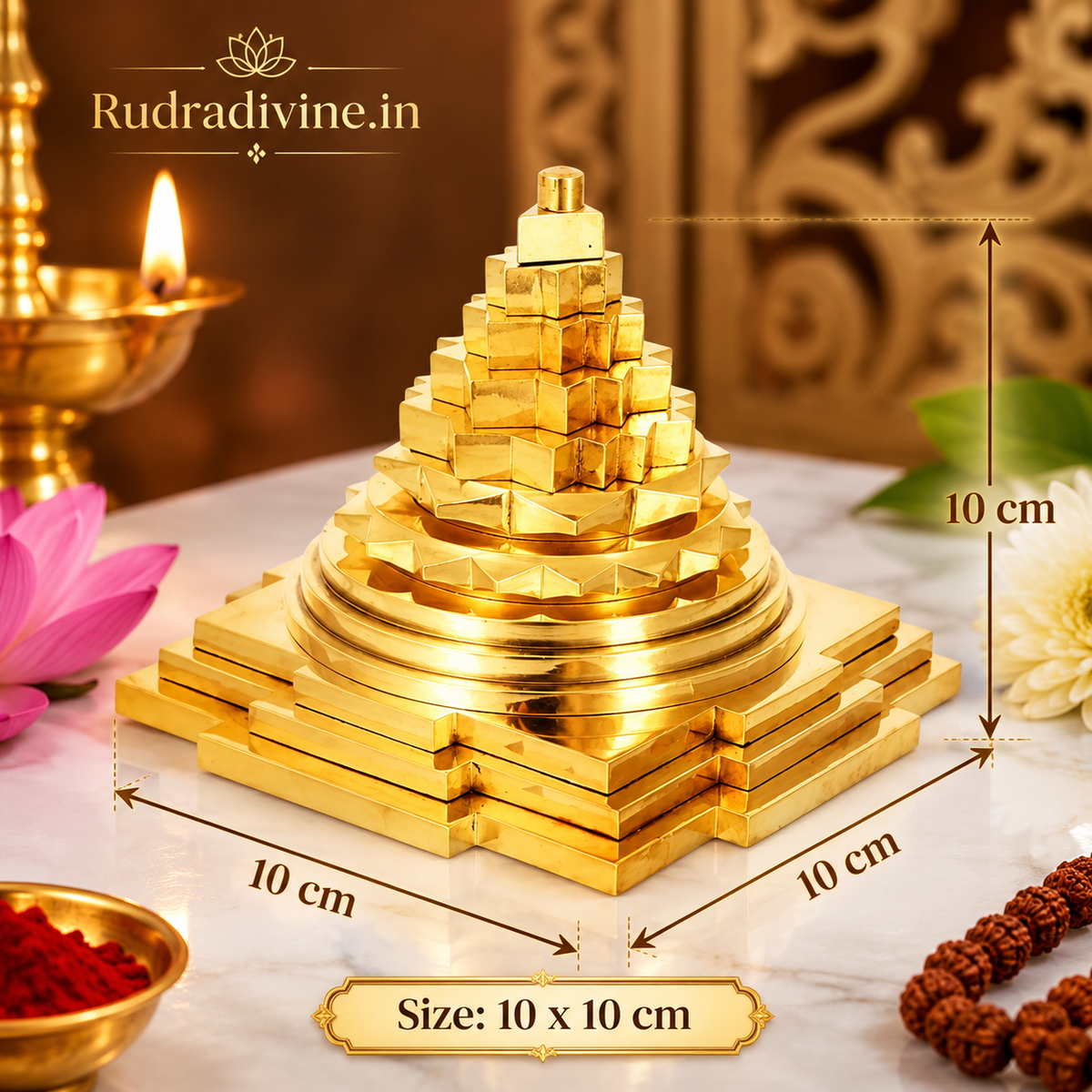 Shri Meru Yantra in Brass by Rudradivine, energized spiritual yantra traditionally associated with wealth, prosperity, abundance, pooja and meditation.