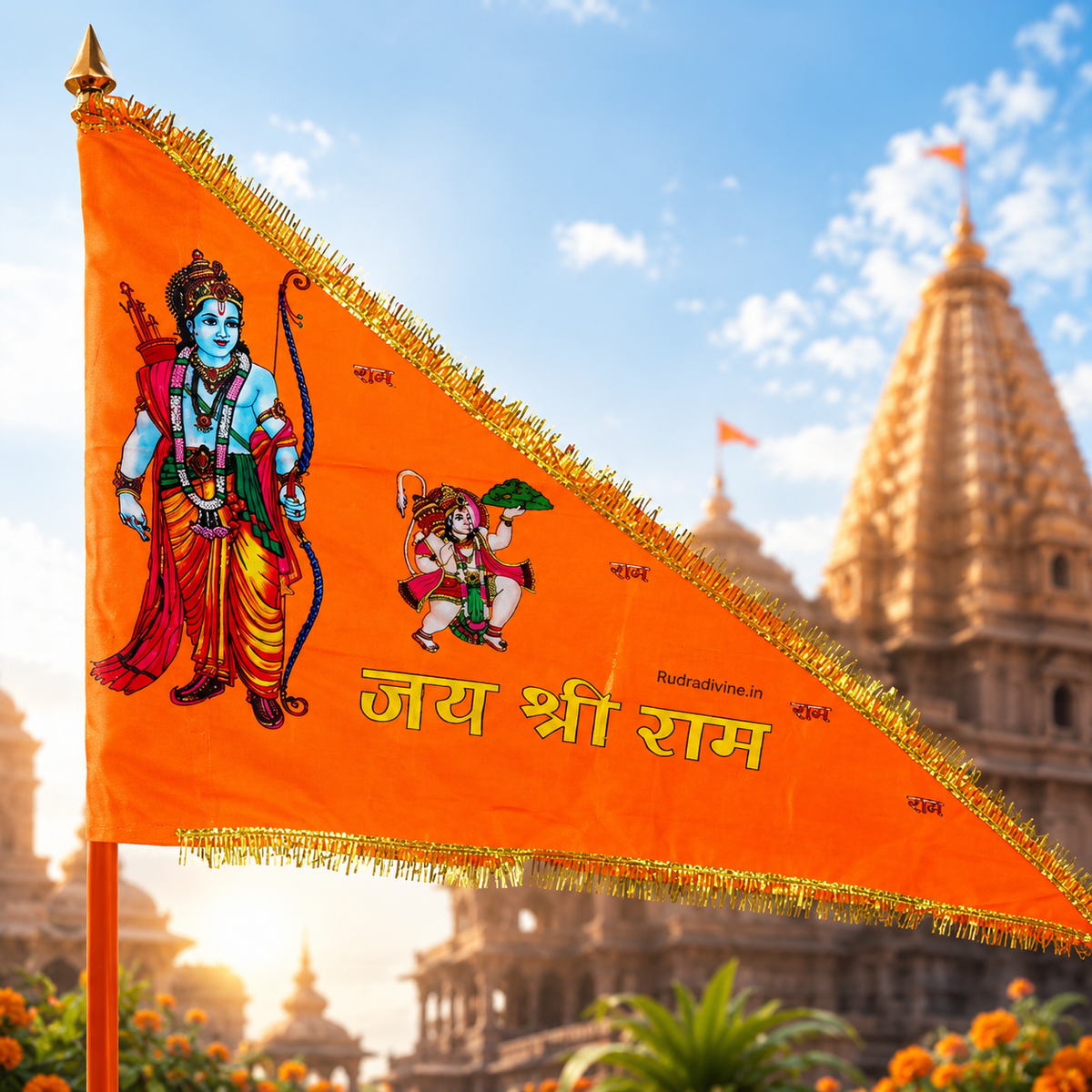 Shri Ram Ji Flag | Ramlalla Jhanda | Bhagwa Hindu Flag by Rudradivine, a devotional religious flag for home temples, puja spaces and celebrations.