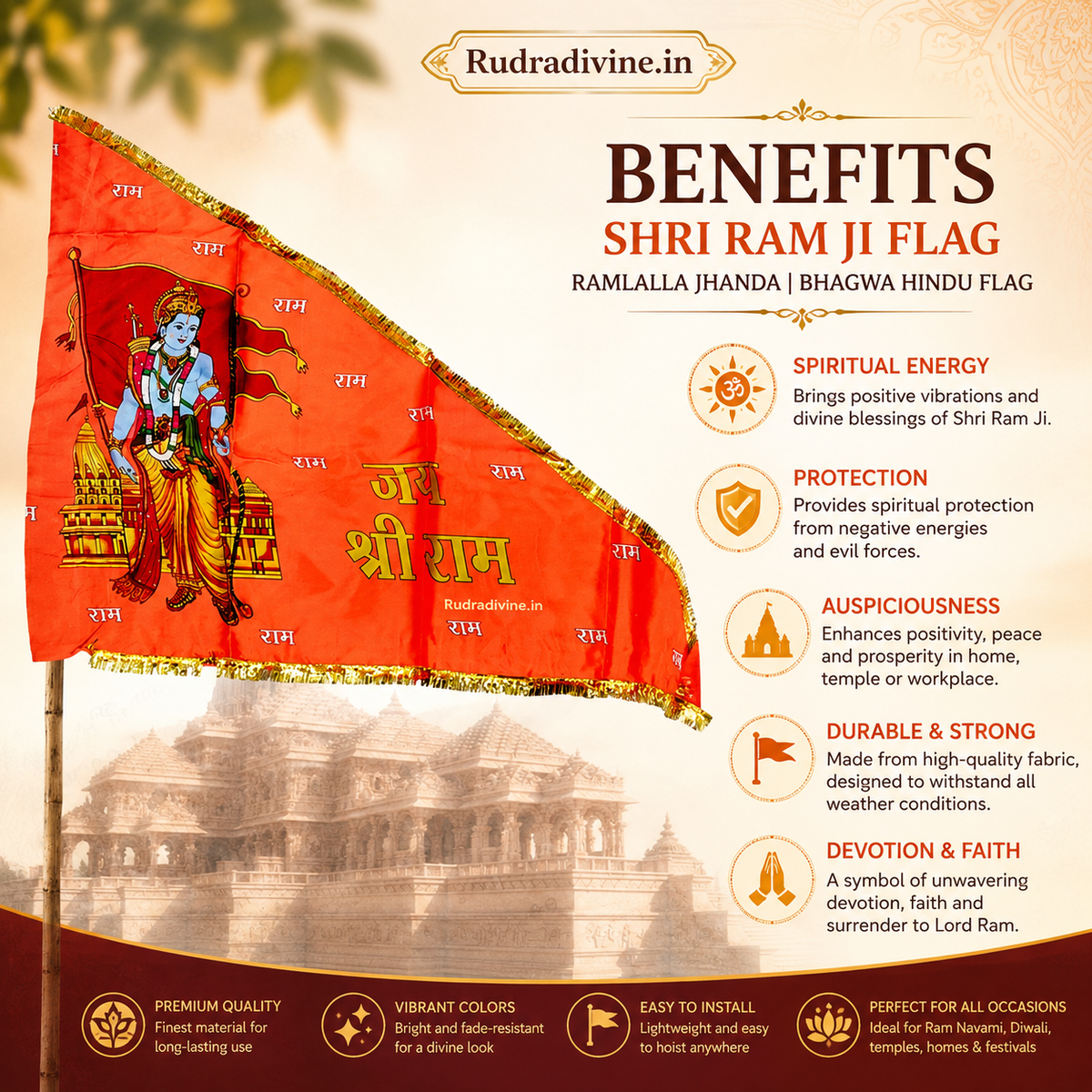 Shri Ram Ji Flag | Ramlalla Jhanda | Bhagwa Hindu Flag by Rudradivine, a devotional religious flag for home temples, puja spaces and celebrations.