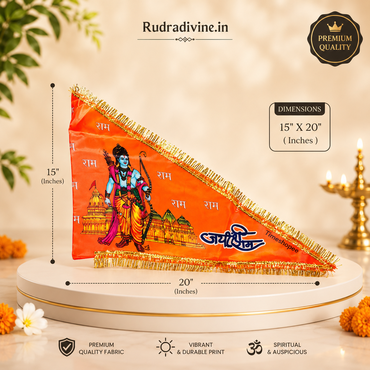 Shri Ram Ji Flag | Ramlalla Jhanda | Bhagwa Hindu Flag by Rudradivine, a devotional religious flag for home temples, puja spaces and celebrations.