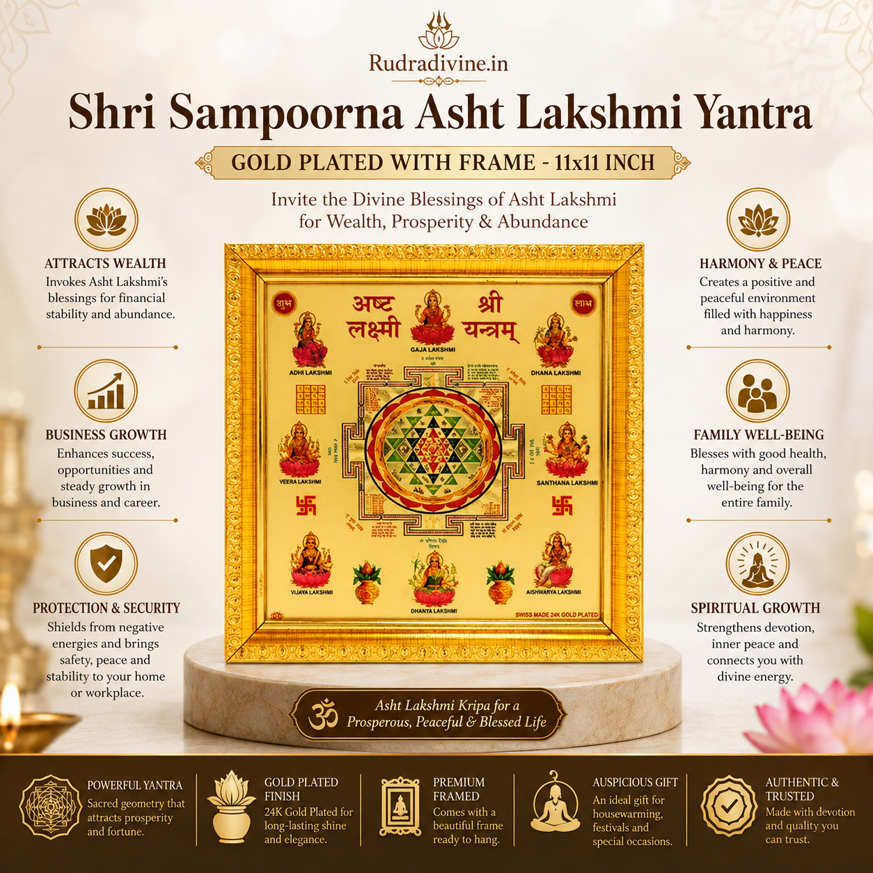 Shri Sampoorna Asht Lakshmi Yantra gold plated framed wall decor 11x11 inch by Rudradivine for wealth, prosperity, abundance, Vastu harmony and divine blessings.