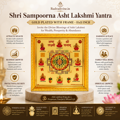 Shri Sampoorna Asht Lakshmi Yantra gold plated framed wall decor 11x11 inch by Rudradivine for wealth, prosperity, abundance, Vastu harmony and divine blessings.