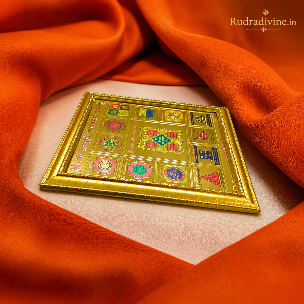 Shri Sampoorna Kalsarp Yantra Gold Plated Frame with premium wooden wall frame by Rudradivine for spiritual protection, peace, positivity and sacred décor.