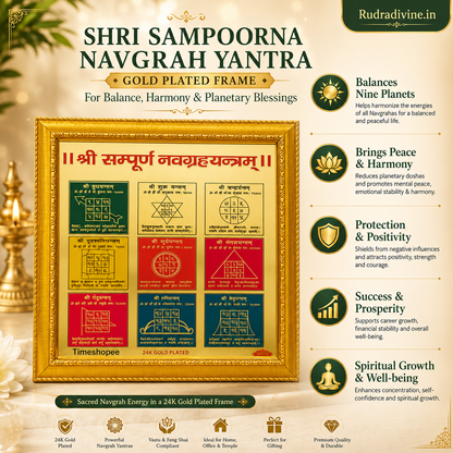 Shri Sampoorna Navgrah Yantra gold plated wall frame 11x11 inch by Rudradivine for planetary balance, Vastu harmony, prosperity, protection and positive energy.