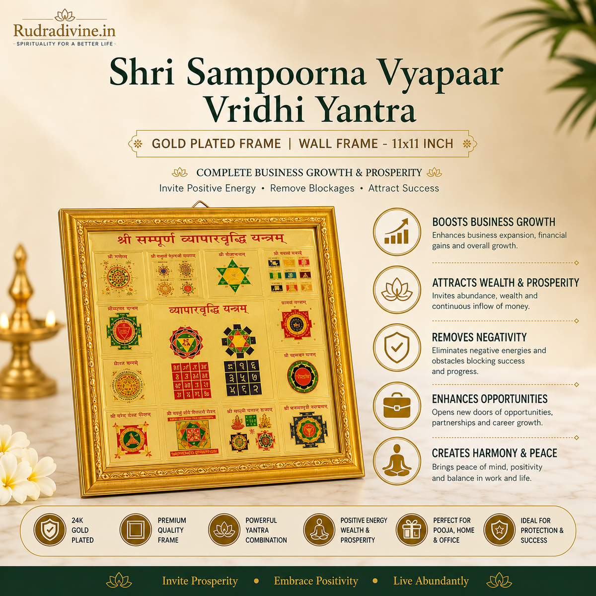 Shri Sampoorna Vyapaar Vridhi Yantra gold plated wall frame by Rudradivine for business growth, prosperity, financial success and positive energy in offices and shops.