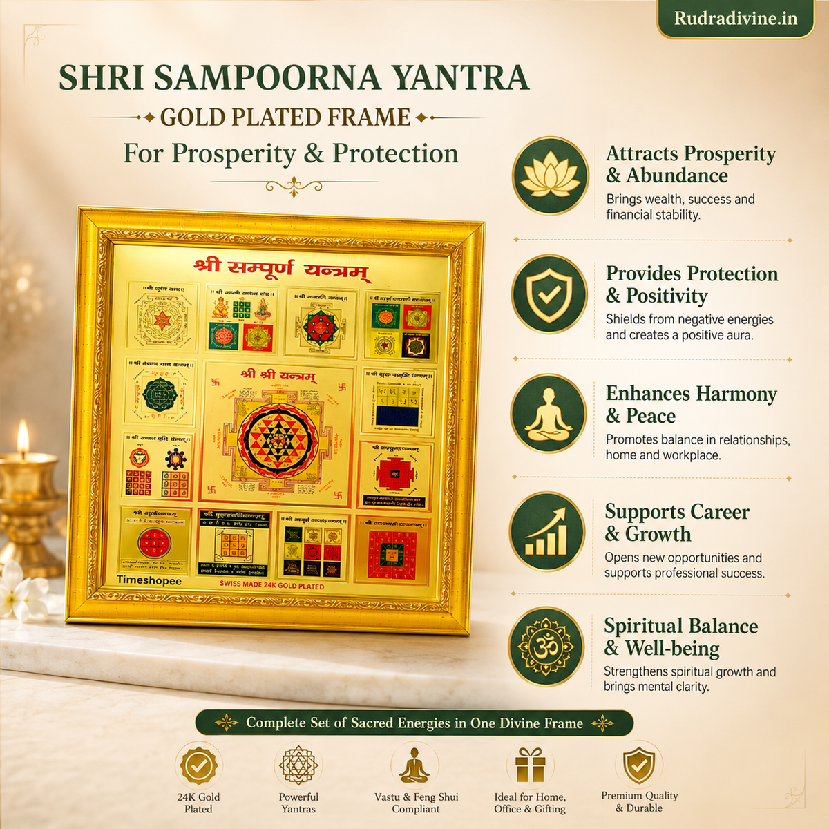 Shri Sampoorna Yantra gold plated framed wall decor 11x11 inch by Rudradivine for prosperity, protection, Vastu harmony, positive energy and divine blessings.