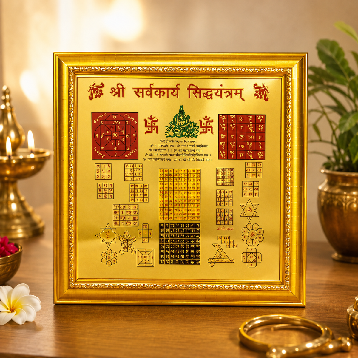 Shri Sarv Karye Sidh Yantra Gold Plated Frame 11x11 Inch by Rudradivine for success, prosperity, obstacle removal, positive energy and divine blessings.