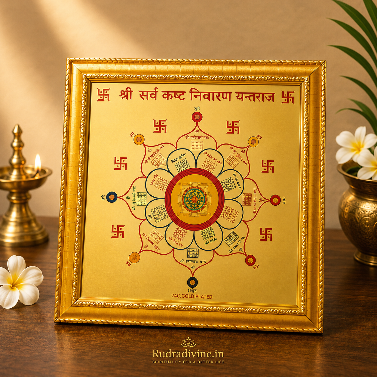 Shri Sarv Kasht Nivaran Yantra Raj Gold Plated Frame 11x11 Inch by Rudradivine for obstacle removal, success, prosperity, positive energy and divine blessings.