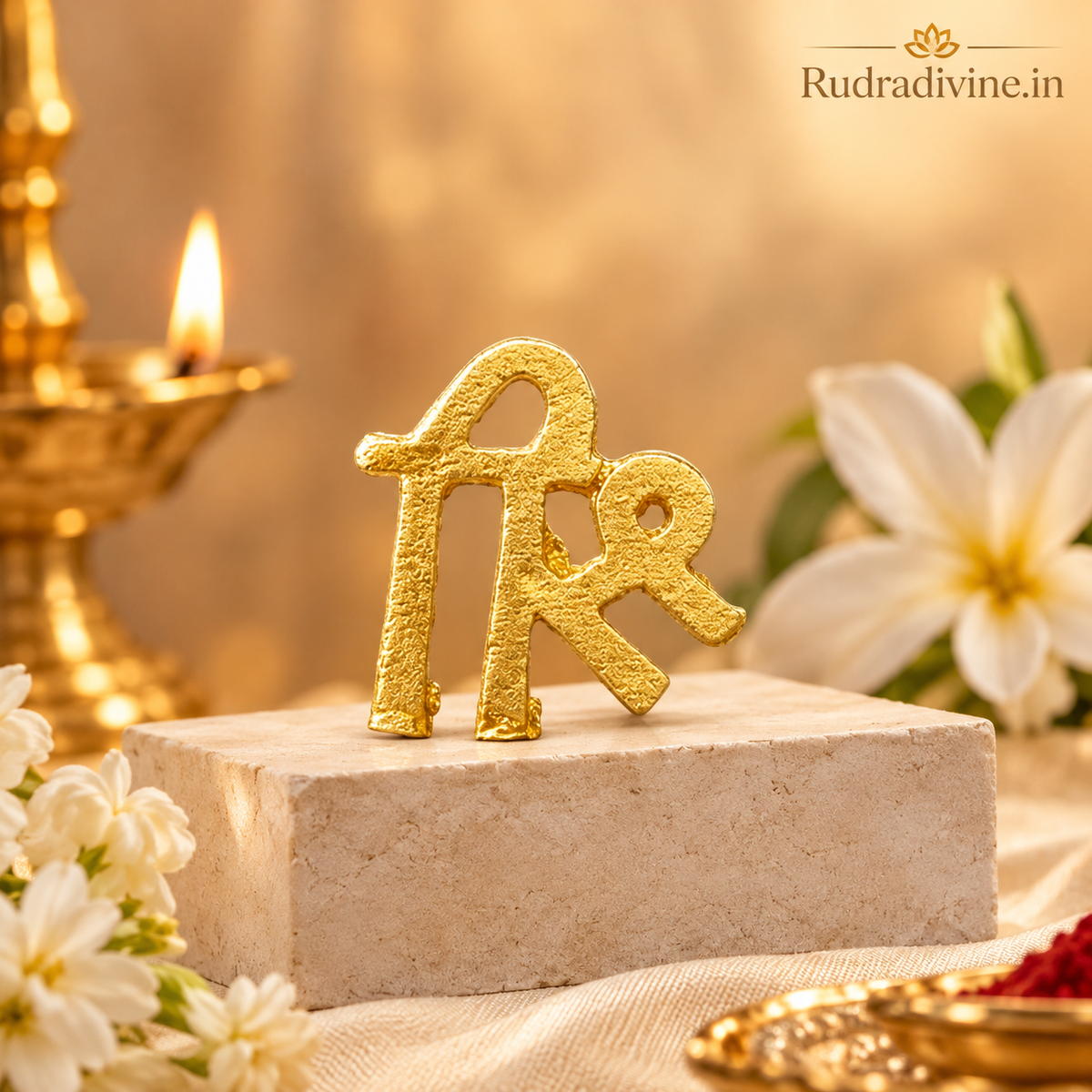 Shri Tilak Stamp in brass designed for creating a traditional Shri symbol forehead tilak during puja, temple rituals and devotional practices by Rudradivine.