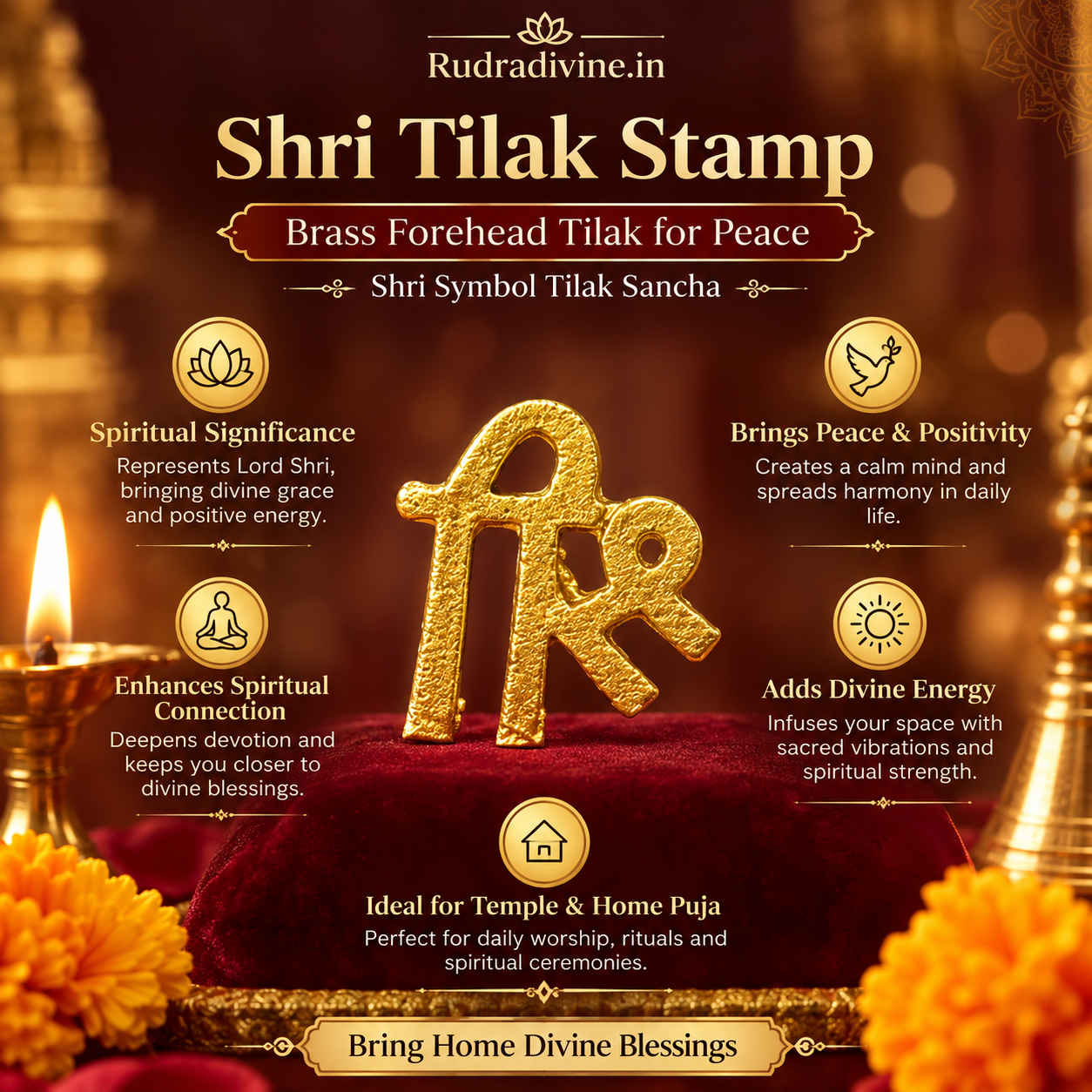 Shri Tilak Stamp in brass designed for creating a traditional Shri symbol forehead tilak during puja, temple rituals and devotional practices by Rudradivine.