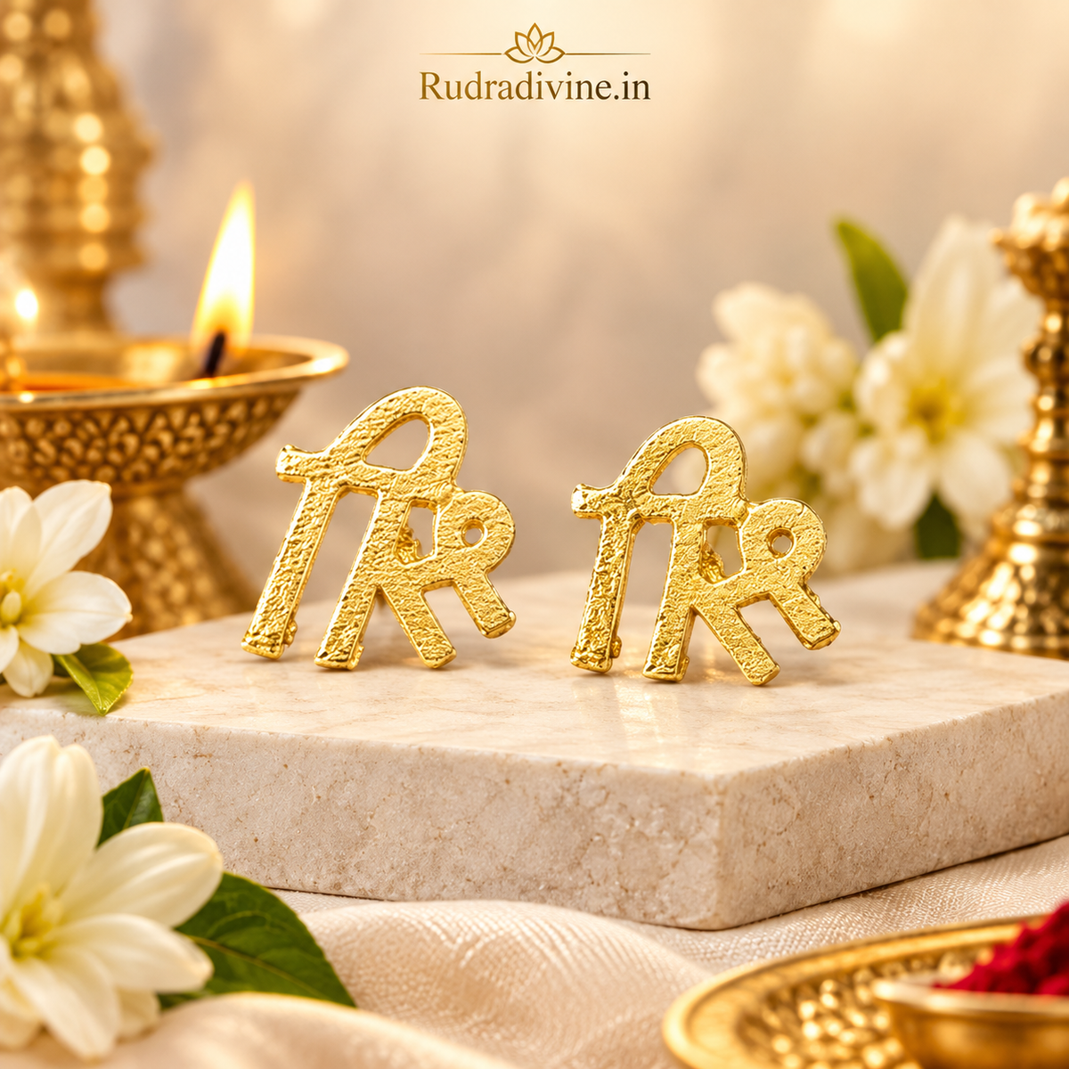 Shri Tilak Stamp in brass designed for creating a traditional Shri symbol forehead tilak during puja, temple rituals and devotional practices by Rudradivine.