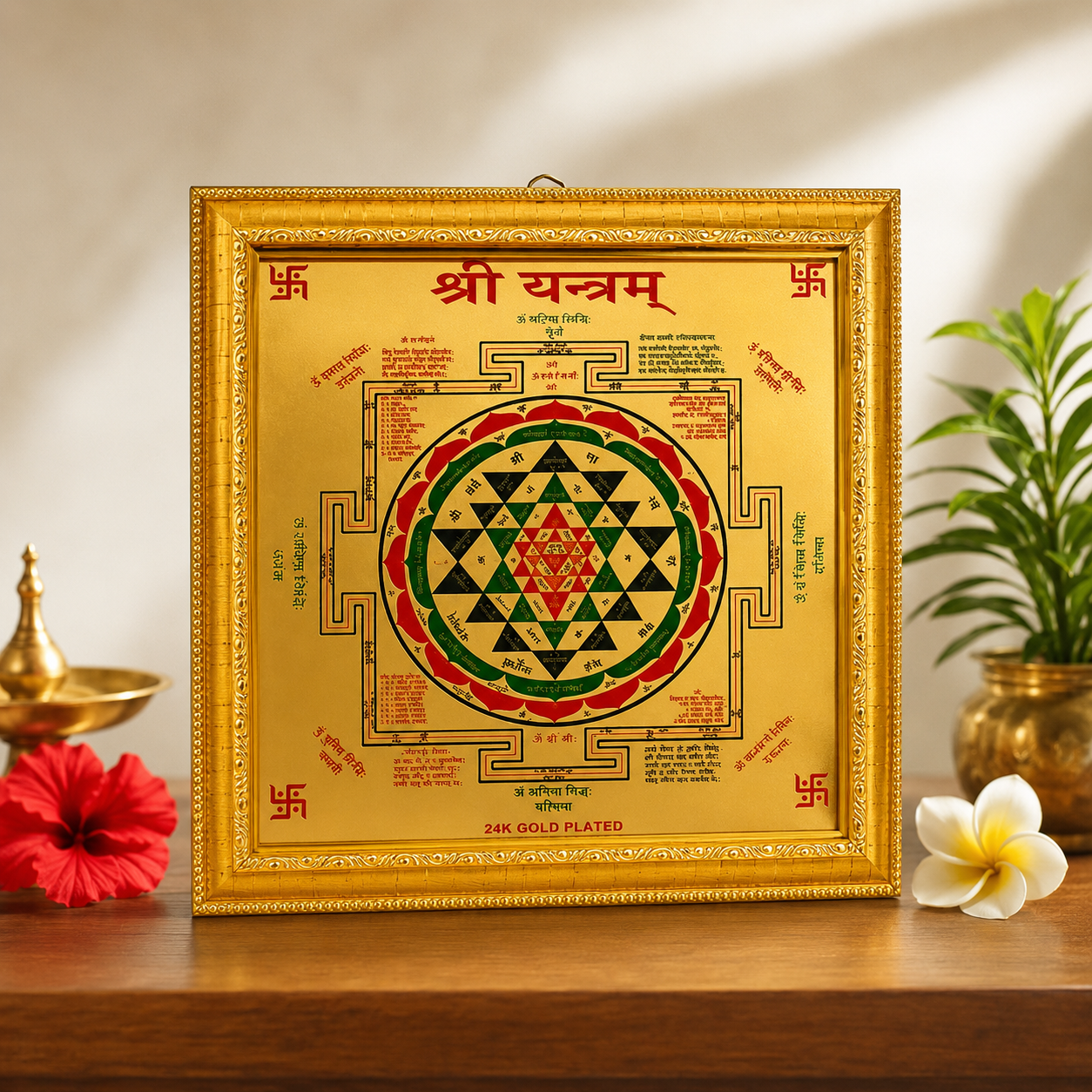 Shri Yantra gold plated wall frame by Rudradivine featuring sacred Shree Yantram for prosperity, wealth, harmony and positive energy in home or office.