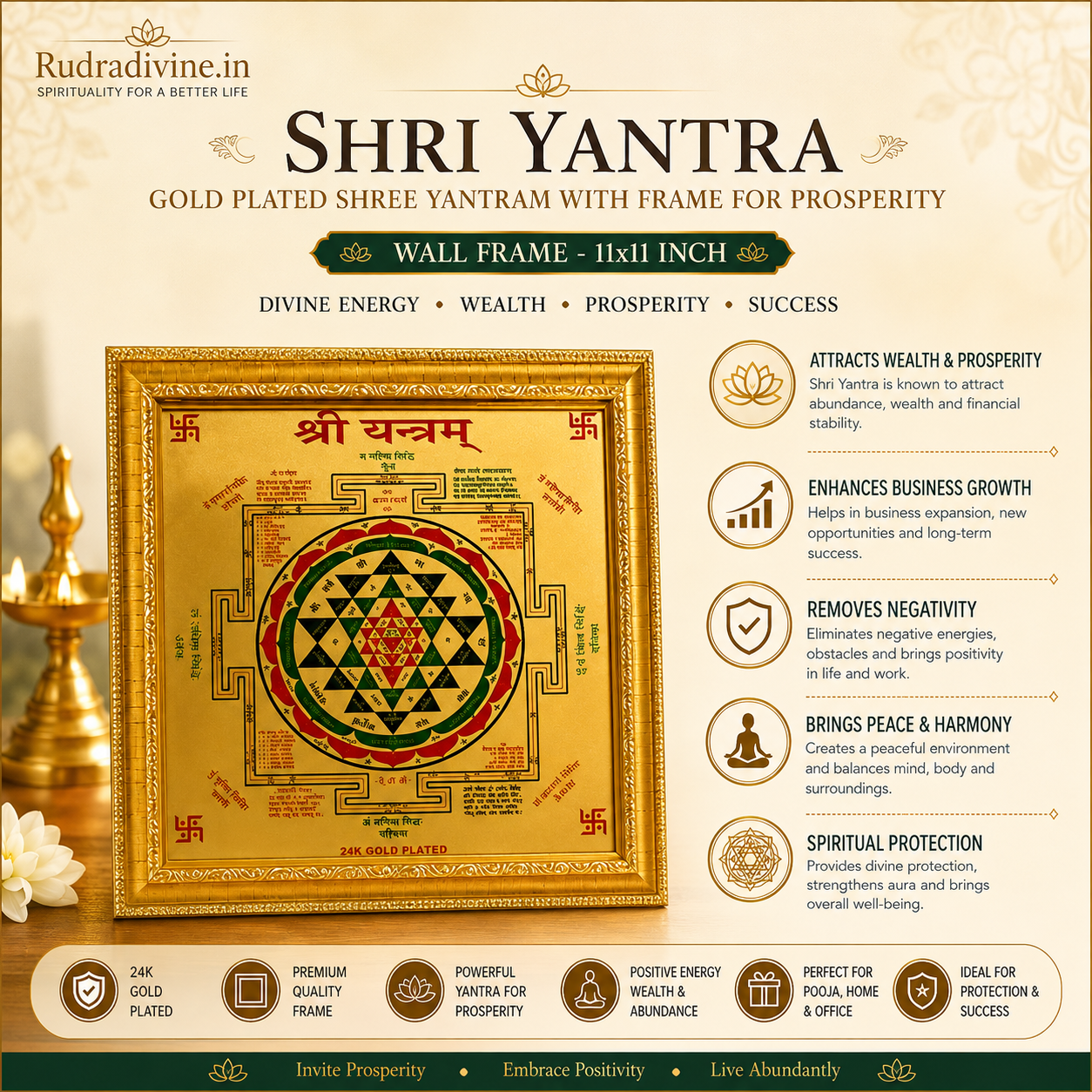 Shri Yantra gold plated wall frame by Rudradivine featuring sacred Shree Yantram for prosperity, wealth, harmony and positive energy in home or office.