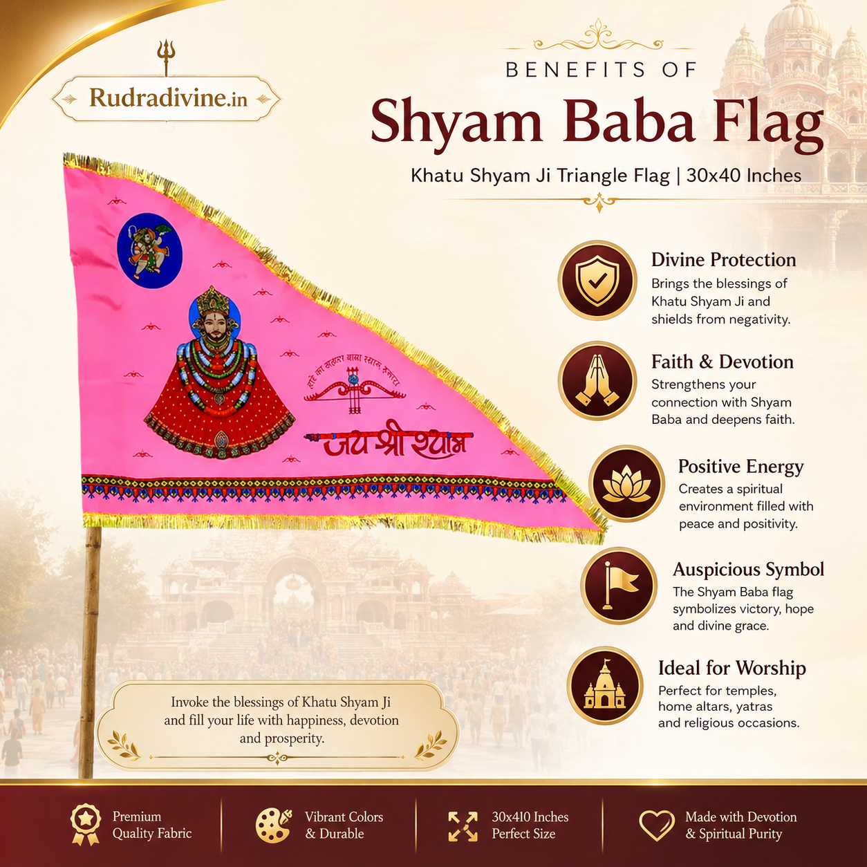 Shyam Baba Flag featuring a traditional Khatu Shyam Ji Triangle Flag design by Rudradivine, ideal for home temple, puja, mandir and devotional celebrations.
