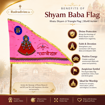 Shyam Baba Flag featuring a traditional Khatu Shyam Ji Triangle Flag design by Rudradivine, ideal for home temple, puja, mandir and devotional celebrations.
