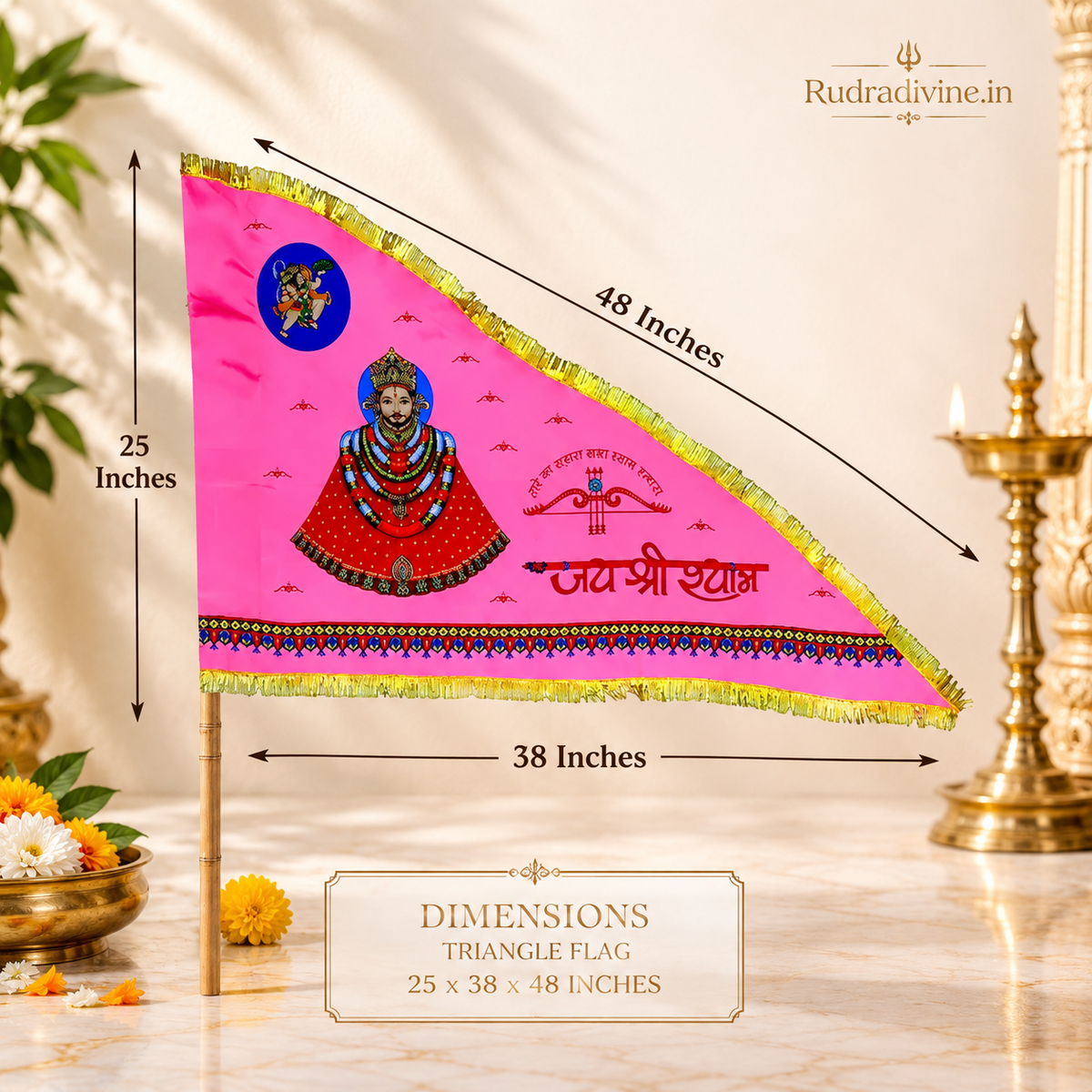 Shyam Baba Flag featuring a traditional Khatu Shyam Ji Triangle Flag design by Rudradivine, ideal for home temple, puja, mandir and devotional celebrations.