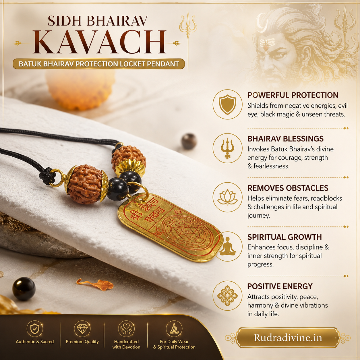 Sidh Bhairav Kavach Batuk Bhairav Protection Locket Pendant by Rudradivine, traditionally associated with spiritual protection, courage, divine blessings and devotional practices.