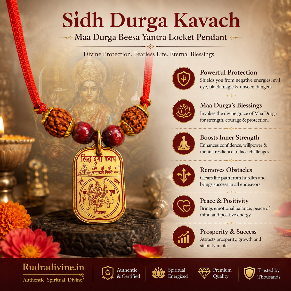 Sidh Durga Kavach Maa Durga Beesa Yantra locket pendant by Rudradivine, designed as a traditional spiritual symbol of divine strength, devotion and protection.