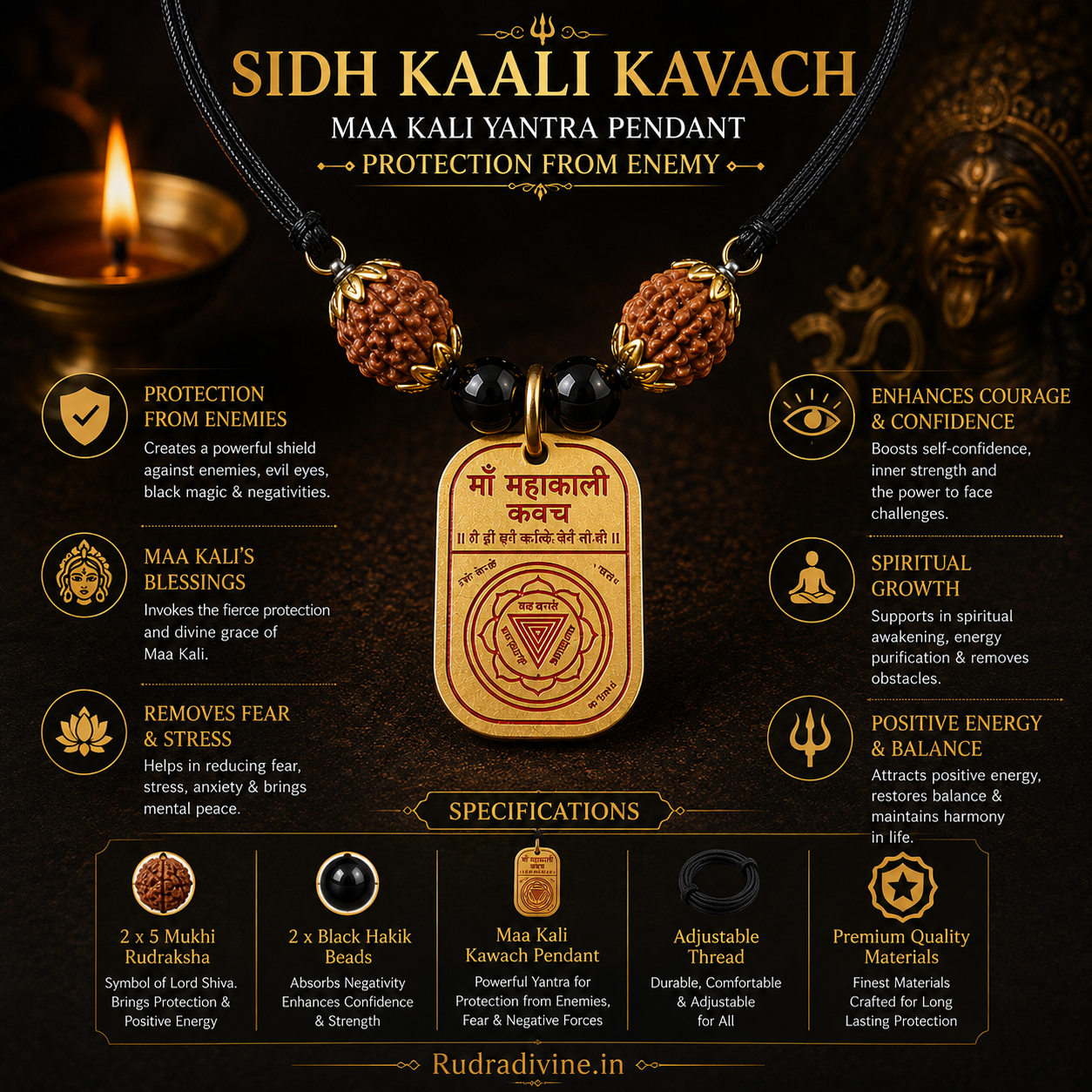 Sidh Kaali Kavach Maa Kali Yantra Pendant by Rudradivine, traditionally associated with spiritual protection, courage, divine strength and devotional practices.