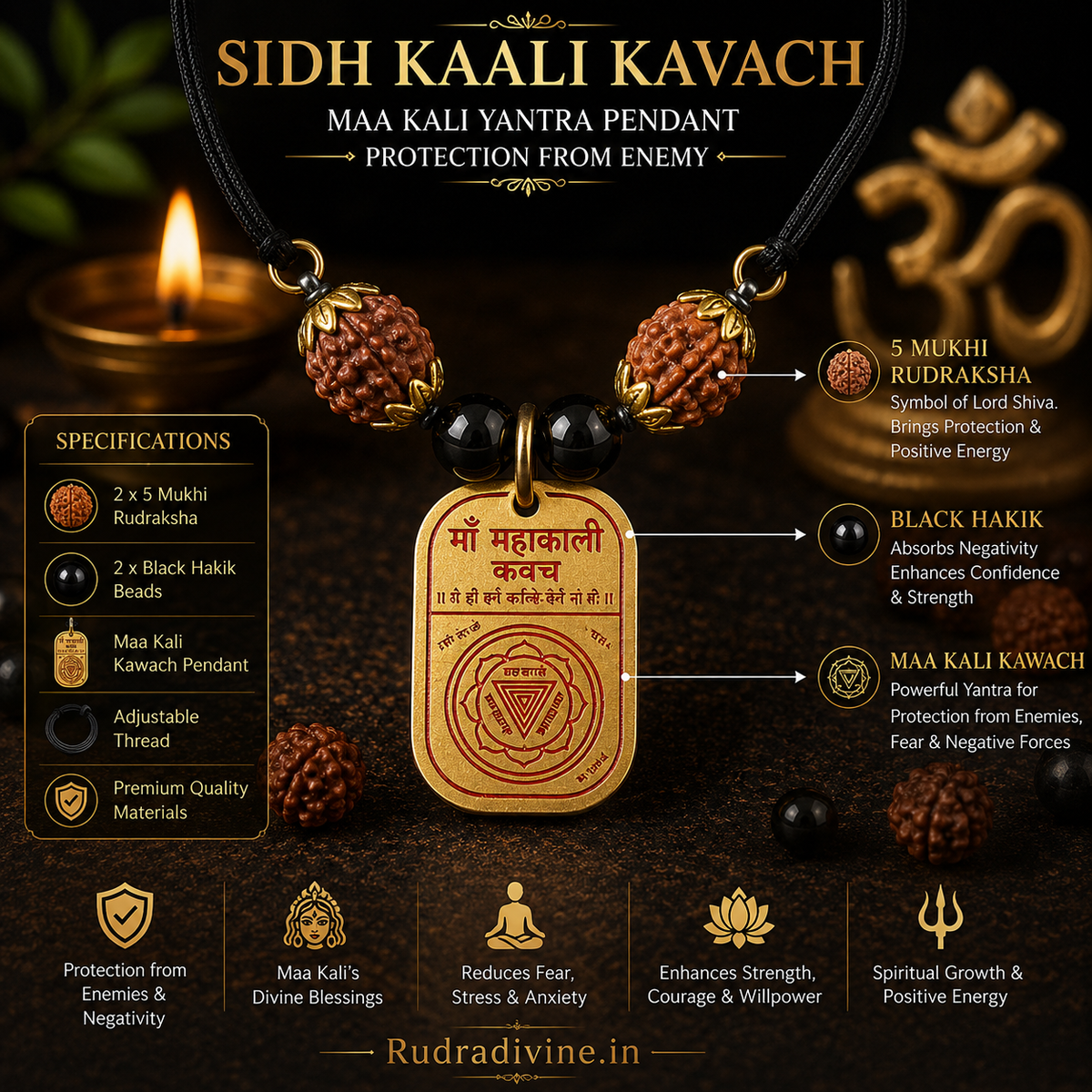Sidh Kaali Kavach Maa Kali Yantra Pendant by Rudradivine, traditionally associated with spiritual protection, courage, divine strength and devotional practices.