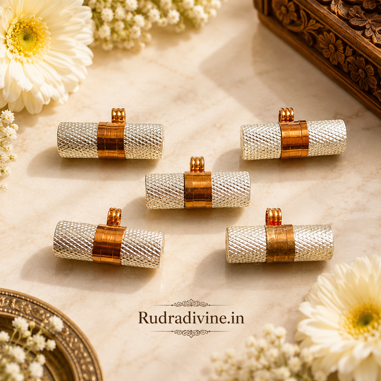 Silver & Copper Taweez Spiritual Amulet Set with Free Bhojpatra Sheet by Rudradivine, traditional accessory for puja, devotion, meditation and spiritual practices.