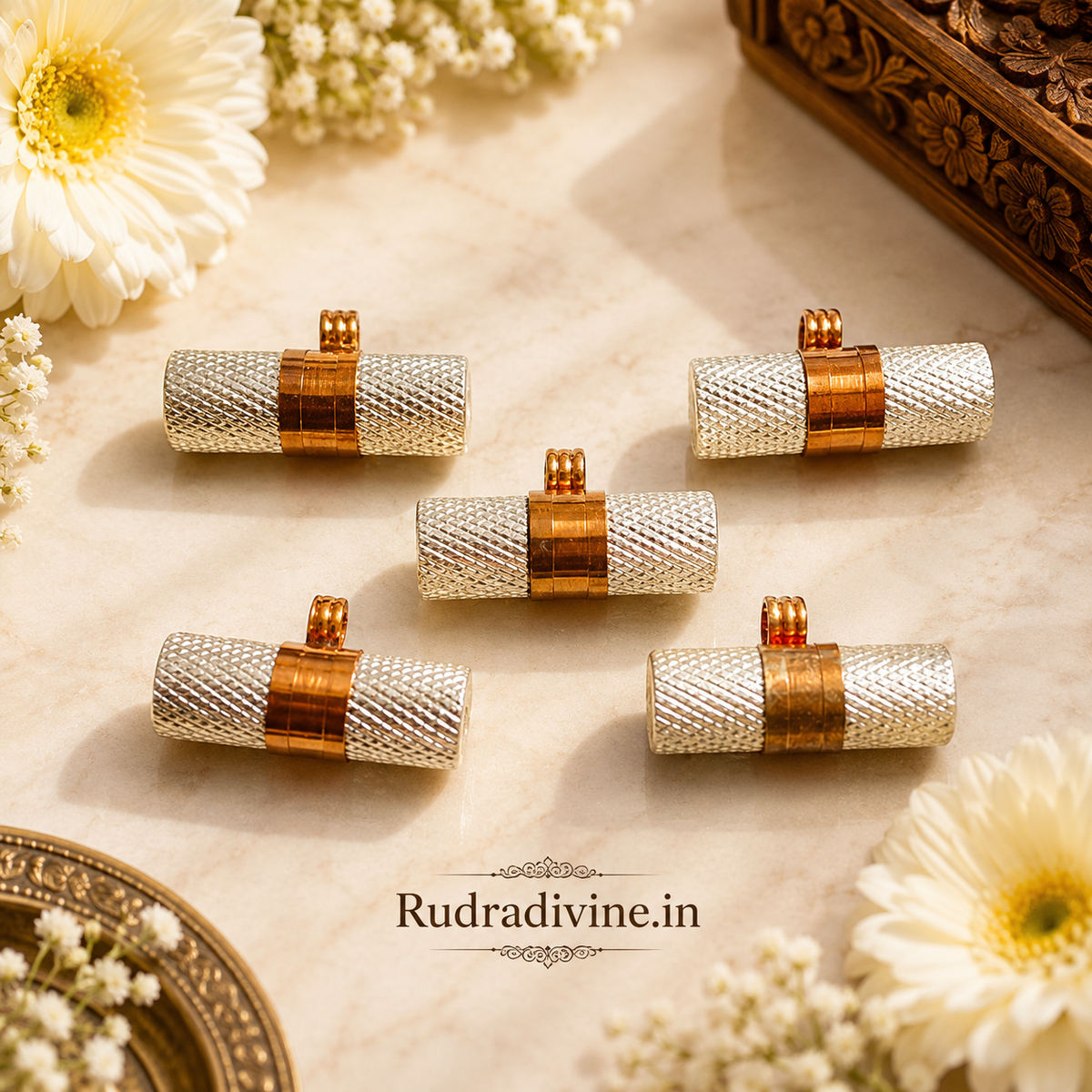 Silver & Copper Taweez Spiritual Amulet Set with Free Bhojpatra Sheet by Rudradivine, traditional accessory for puja, devotion, meditation and spiritual practices.