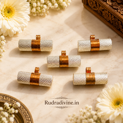 Silver & Copper Taweez Spiritual Amulet Set with Free Bhojpatra Sheet by Rudradivine, traditional accessory for puja, devotion, meditation and spiritual practices.