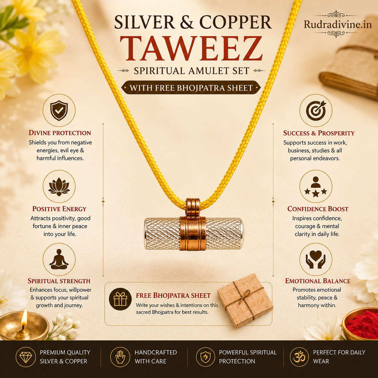 Silver & Copper Taweez Spiritual Amulet Set with Free Bhojpatra Sheet by Rudradivine, traditional accessory for puja, devotion, meditation and spiritual practices.