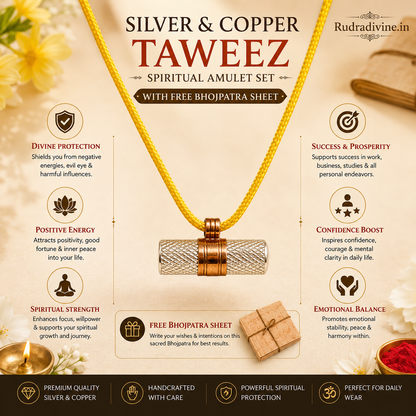 Silver & Copper Taweez Spiritual Amulet Set with Free Bhojpatra Sheet by Rudradivine, traditional accessory for puja, devotion, meditation and spiritual practices.
