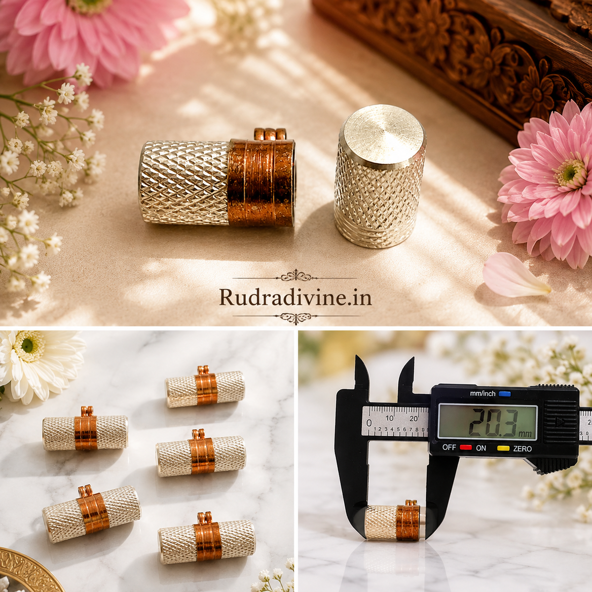 Silver & Copper Taweez Spiritual Amulet Set with Free Bhojpatra Sheet by Rudradivine, traditional accessory for puja, devotion, meditation and spiritual practices.