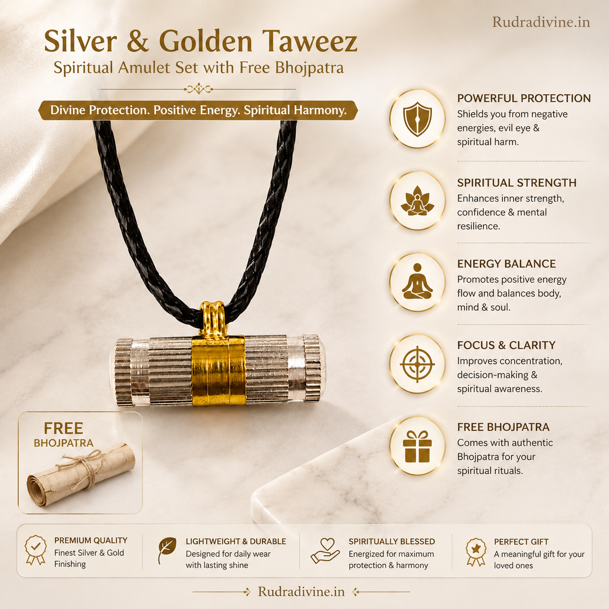 Silver & Golden Taweez Spiritual Amulet Set with Free Bhojpatra Sheet by Rudradivine, traditional spiritual accessory for puja, devotion and rituals.