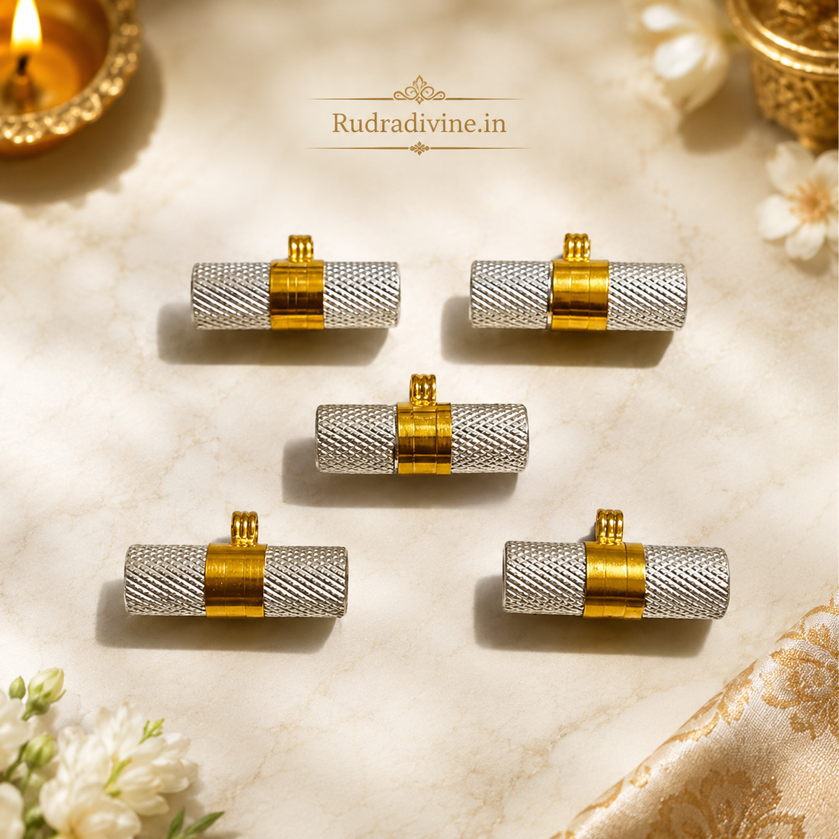 Silver & Golden Taweez spiritual amulet set with free Bhojpatra by Rudradivine, traditional devotional accessory for puja, meditation, spiritual practices and gifting.