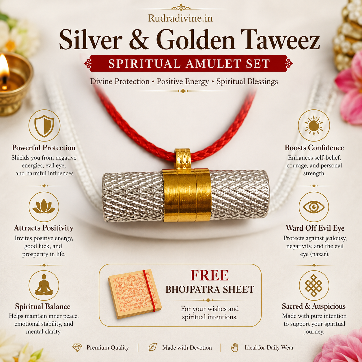 Silver & Golden Taweez spiritual amulet set with free Bhojpatra by Rudradivine, traditional devotional accessory for puja, meditation, spiritual practices and gifting.