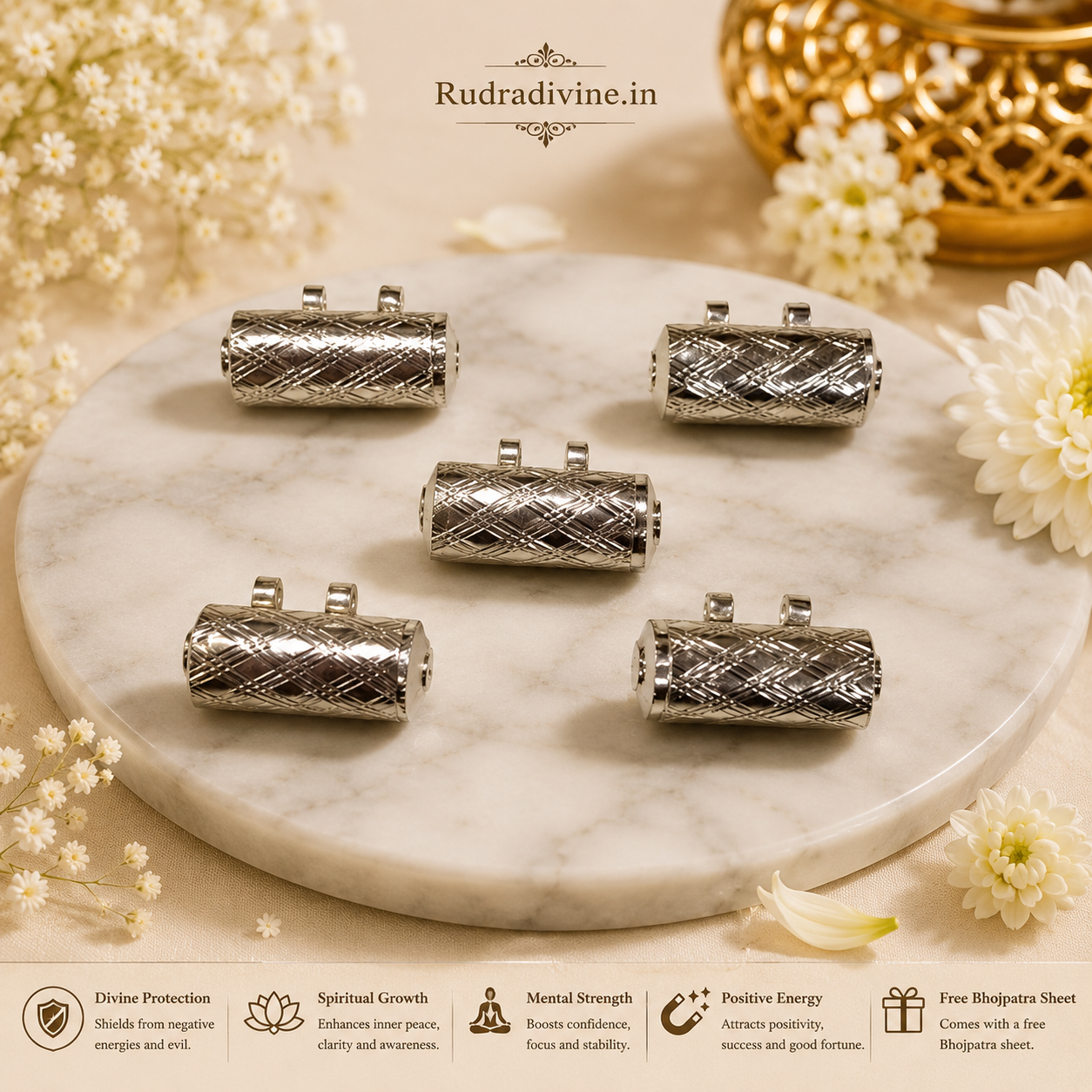 Silver Metal Taweez Big Size Set of 5 with Free Bhojpatra Sheet by Rudradivine, traditional spiritual amulets for puja, devotion and spiritual practices.