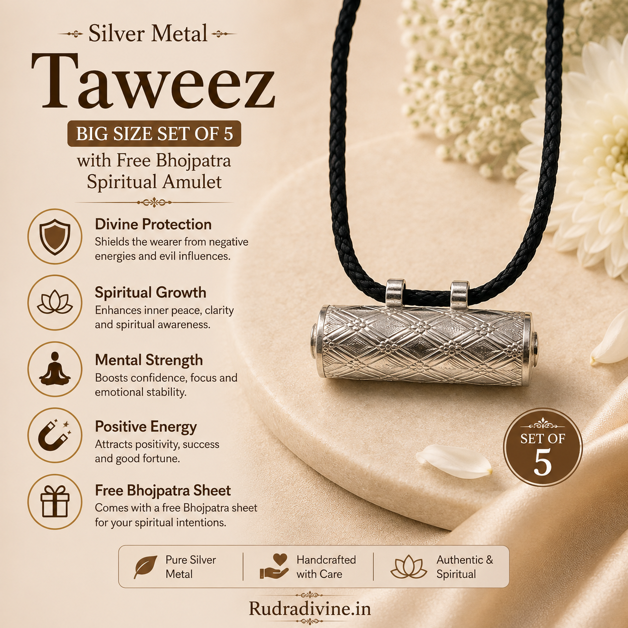 Silver Metal Taweez Big Size Set of 5 with Free Bhojpatra Sheet by Rudradivine, traditional spiritual amulets for puja, devotion and spiritual practices.