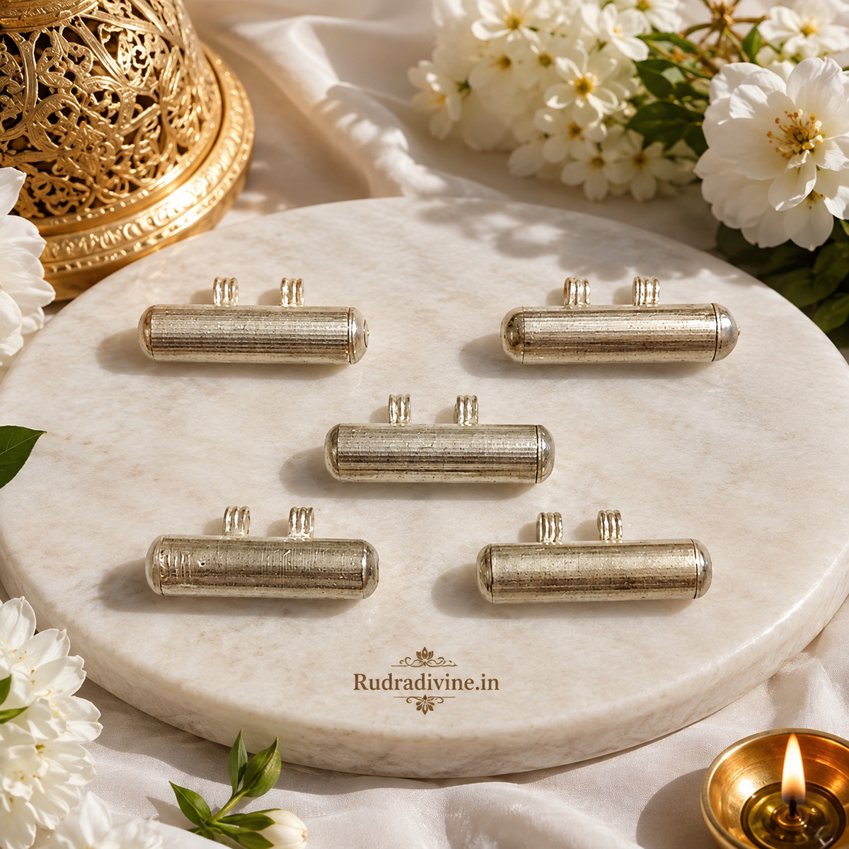 Silver Plated Taweez Set of 5 with Free Bhojpatra by Rudradivine, designed for traditional spiritual practices, prayer, religious rituals and devotional use.