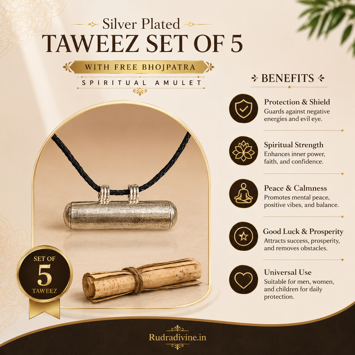 Silver Plated Taweez Set of 5 with Free Bhojpatra by Rudradivine, designed for traditional spiritual practices, prayer, religious rituals and devotional use.