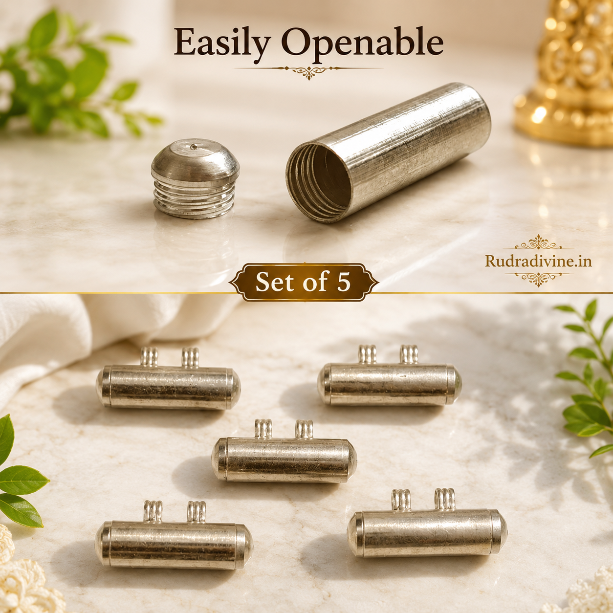 Silver Plated Taweez Set of 5 with Free Bhojpatra by Rudradivine, designed for traditional spiritual practices, prayer, religious rituals and devotional use.